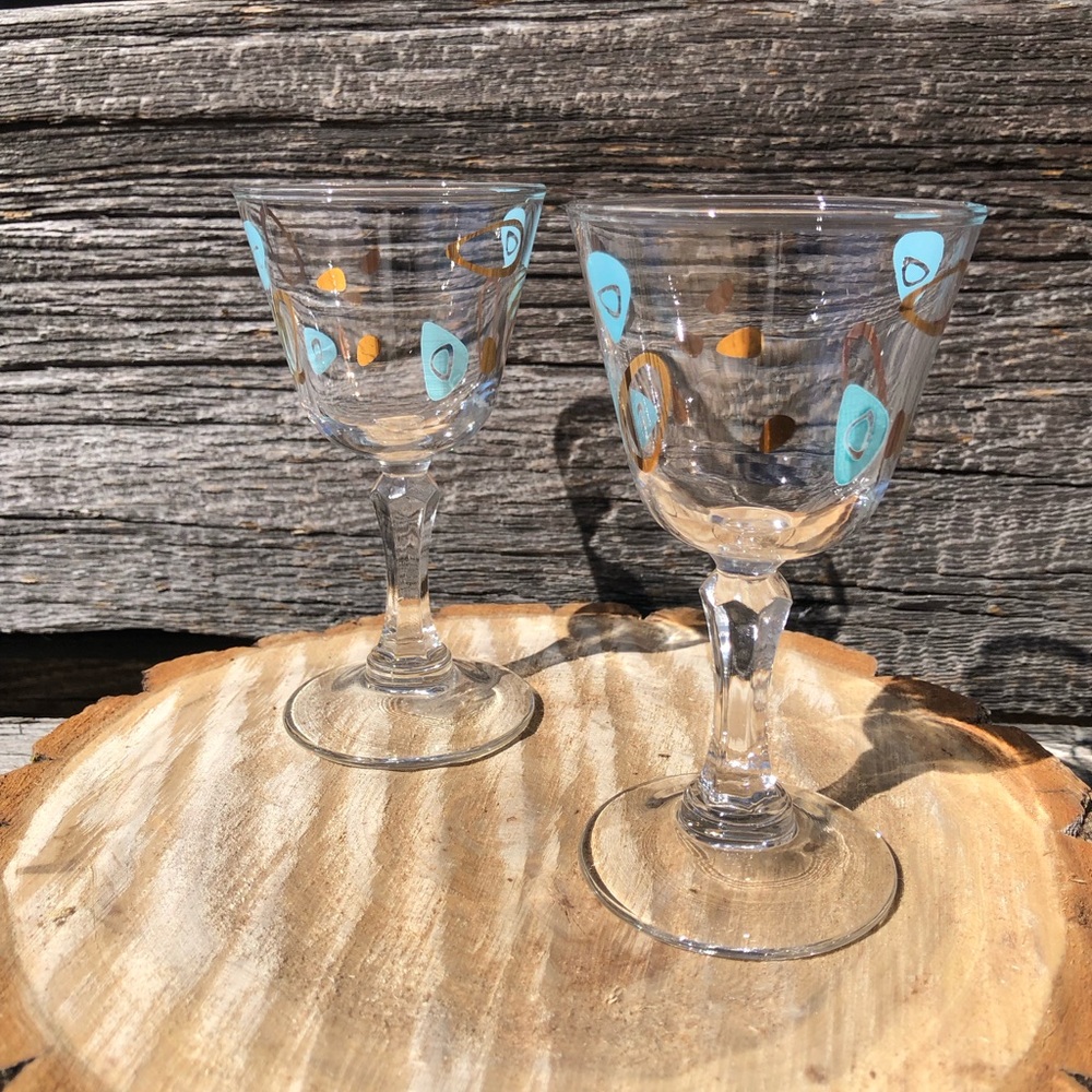 🩵Vintage Atomic glasses Amoeba Boomerang MCM Barware set of 2 cocktail Glassware